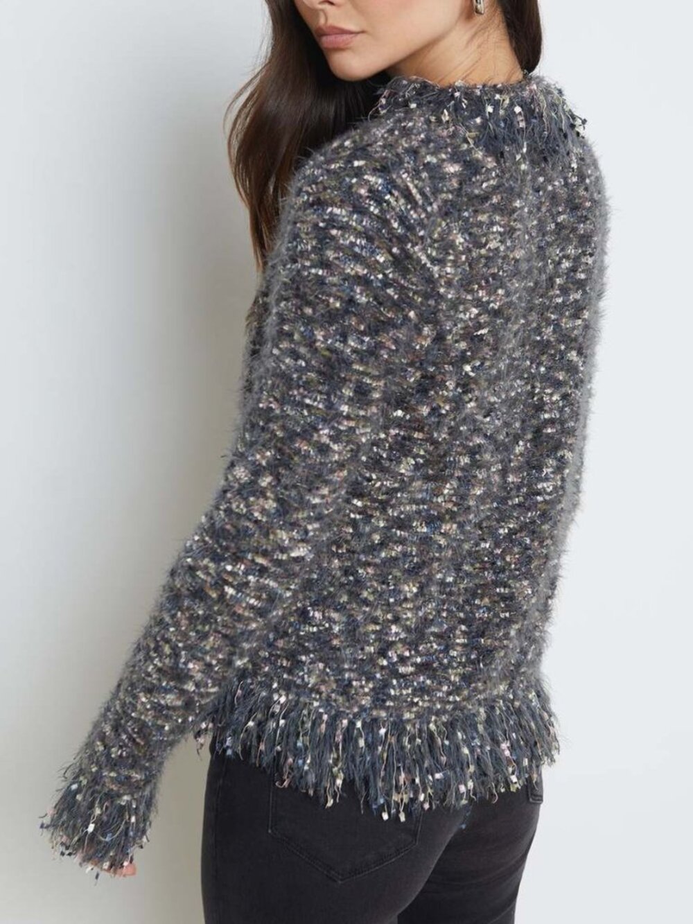 L'AGENCE 'Azure' Confetti-Knit Cardigan Sweater, Grey Multi - Picture 3 of 5